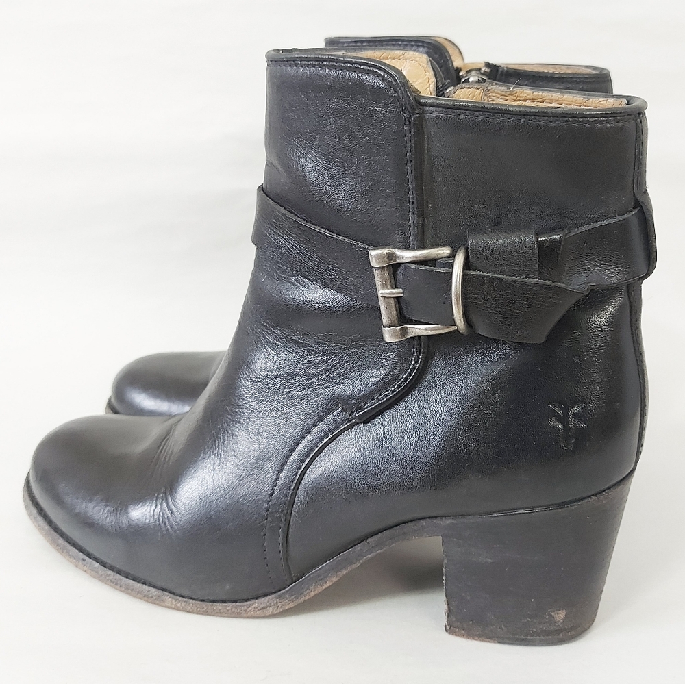 Frye Women Melissa Knotted Short Boots Size 8.5 Black Leather Edge Buckle Strap - Picture 4 of 16